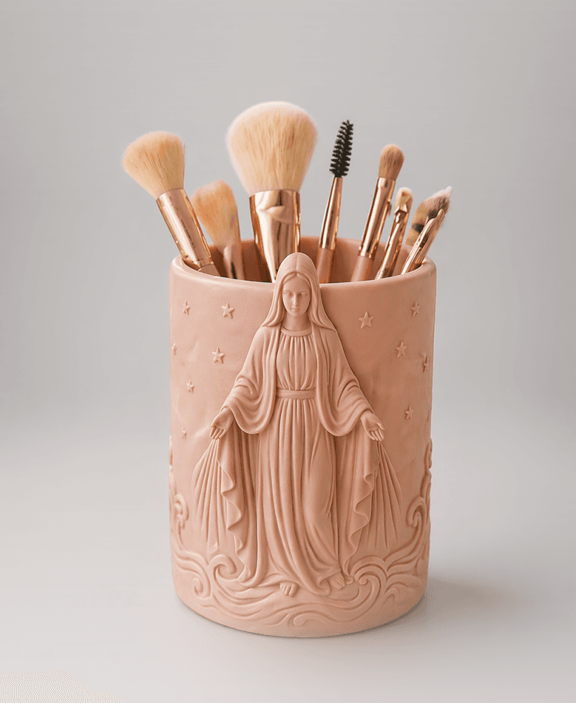 Virgin Mary Makeup Brush Holder STL – Catholic Vanity Organizer & Christian Decor 3d model