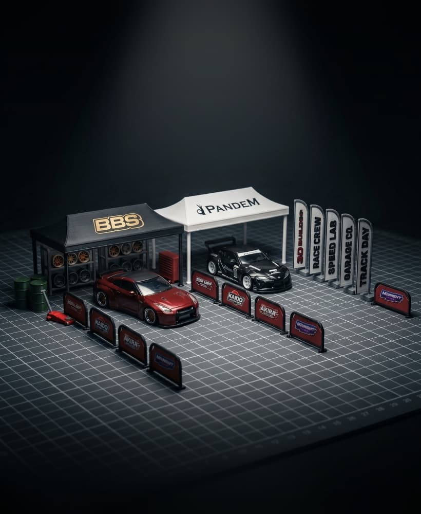Tokyo Pit Stop Set 1/64 Scale JDM Modular Diorama Kit Garage Tent Barrier STL 3d model