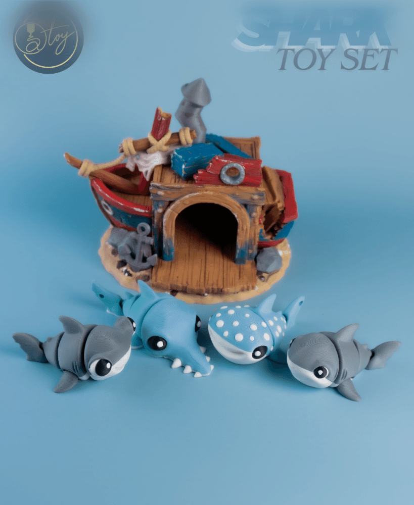 Articulated Shark Set & Sunken Ship House 3d model