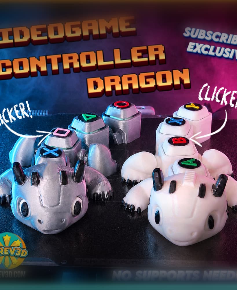 Videogame Controller Dragon - Flexi Clicker Button Creature with Keychain Version STL/3MF 3d model