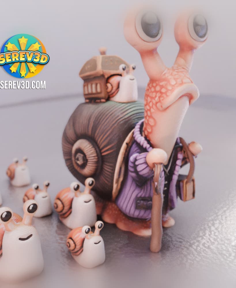 Elder Snail with Baby Snails - Flexi Garden Decor - No Supports 3D Print STL/3MF 3d model