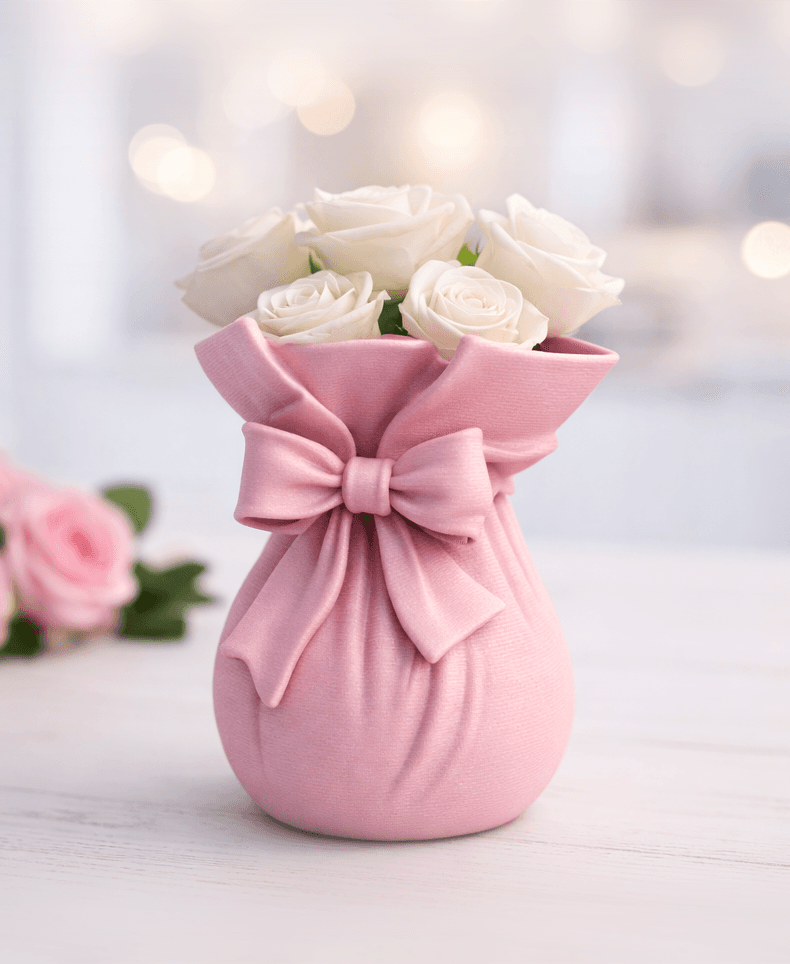 Ribbon Bouquet Vase | Elegant Flower Bag Vase with Bow | Romantic Home Valentine Decor 3d model