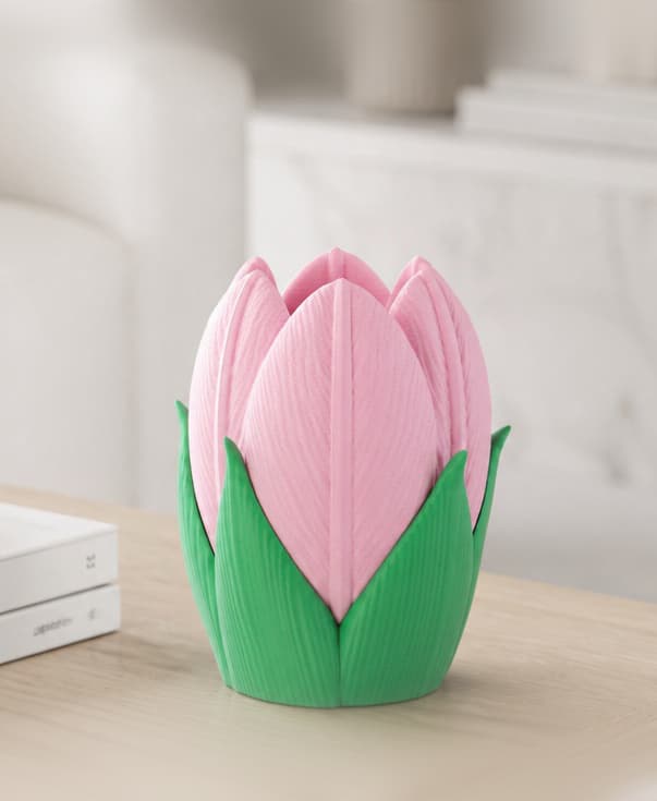 Stylish Pink Tulip Vase with Leafy Base 3d model
