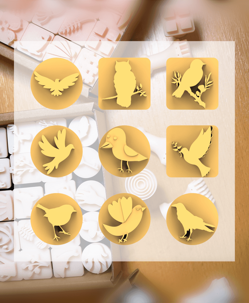 Ceramic Clay Stamp Set – Birds (9 Stamps, 20 mm) 3d model
