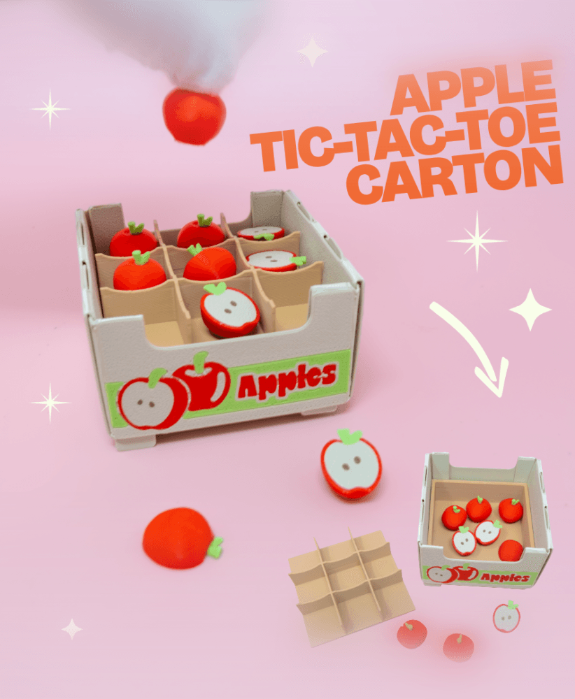 Apple Tic-Tac-Toe Carton with Hidden Storage - Game, Cute Kawaii Retro Fruit Crate, Maker 3d model