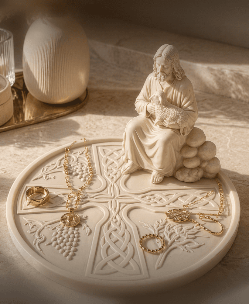 Good Shepherd Jesus Jewelry Tray STL – Christian Rosary Holder & Cross Dish 3d model