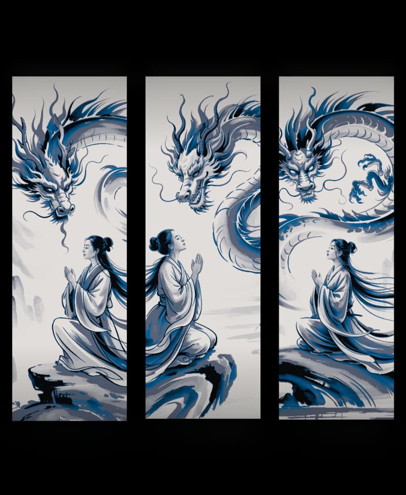 Chinese depiction of a maiden and her guardian dragon - set of bookmarks 3d model