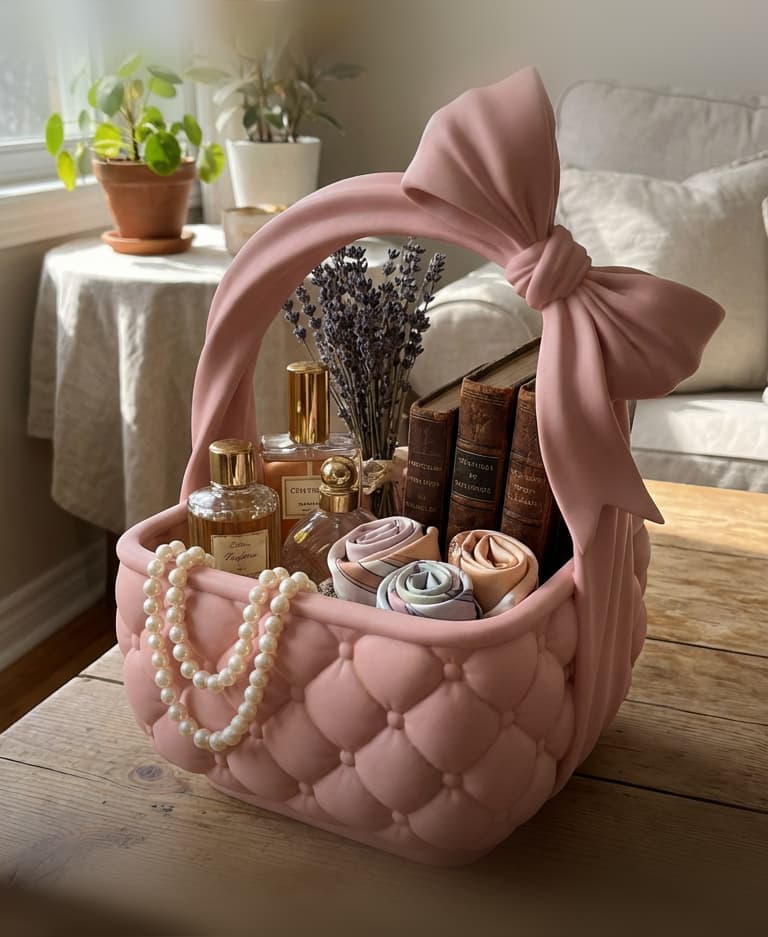Quilted Bow Basket Organizer - Coquette Aesthetic Catchall & Decorative Vanity Tray 3d model