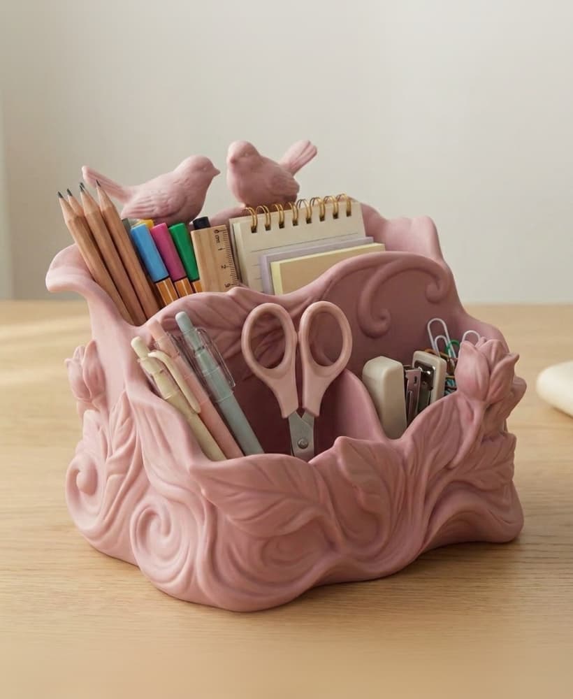Coquette Bird & Filigree Desk Organizer | Grandmillennial Stationery Caddy 3d model
