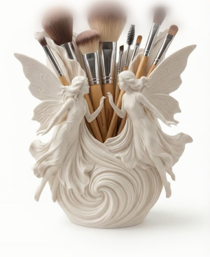 Celestial Twin Fairies Makeup Brush Holder & Vanity Organizer - Sculptural Art STL 3d model