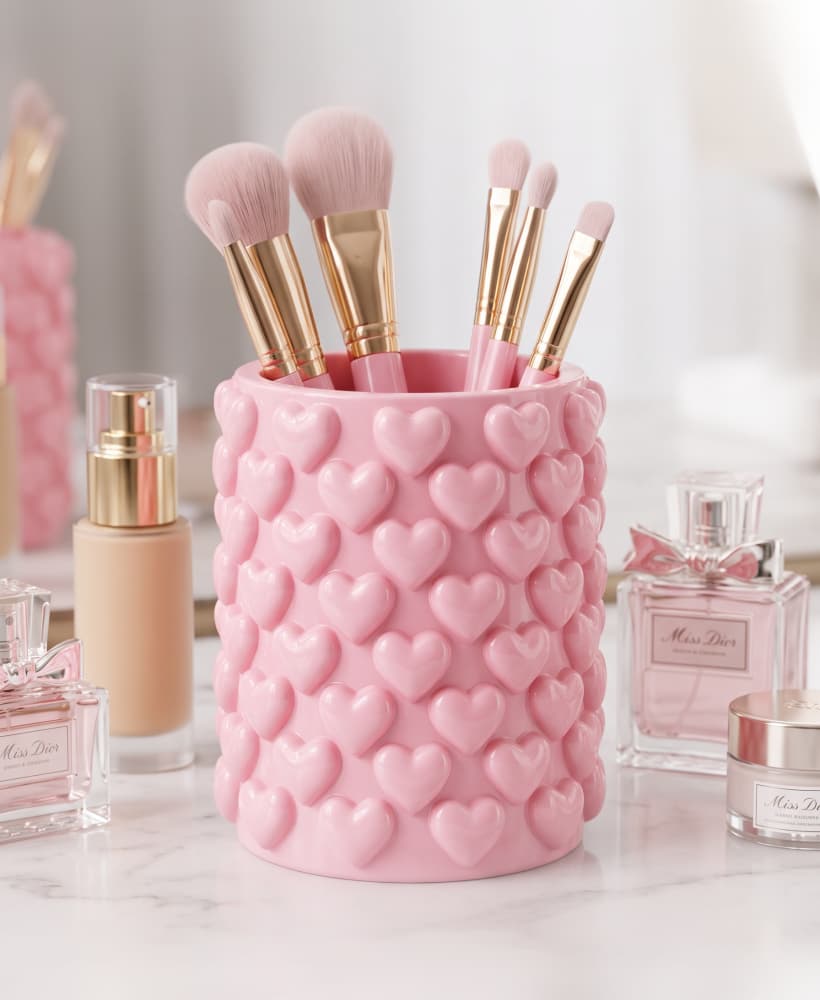 Modern Puffy Heart Vanity Cup - Cute Bubble Heart Makeup Brush & Pen Holder 3d model