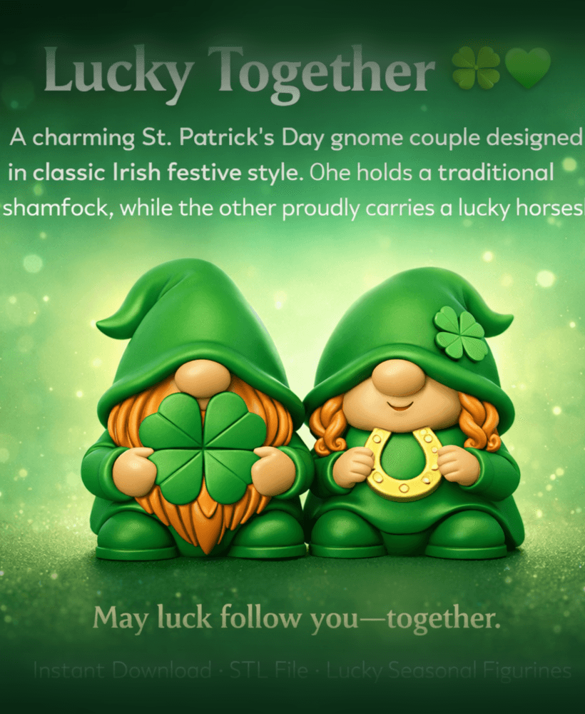 St. Patrickβs Day Gnome Couple STL File β Irish Lucky Pair with Shamrock and Horseshoe 3d model