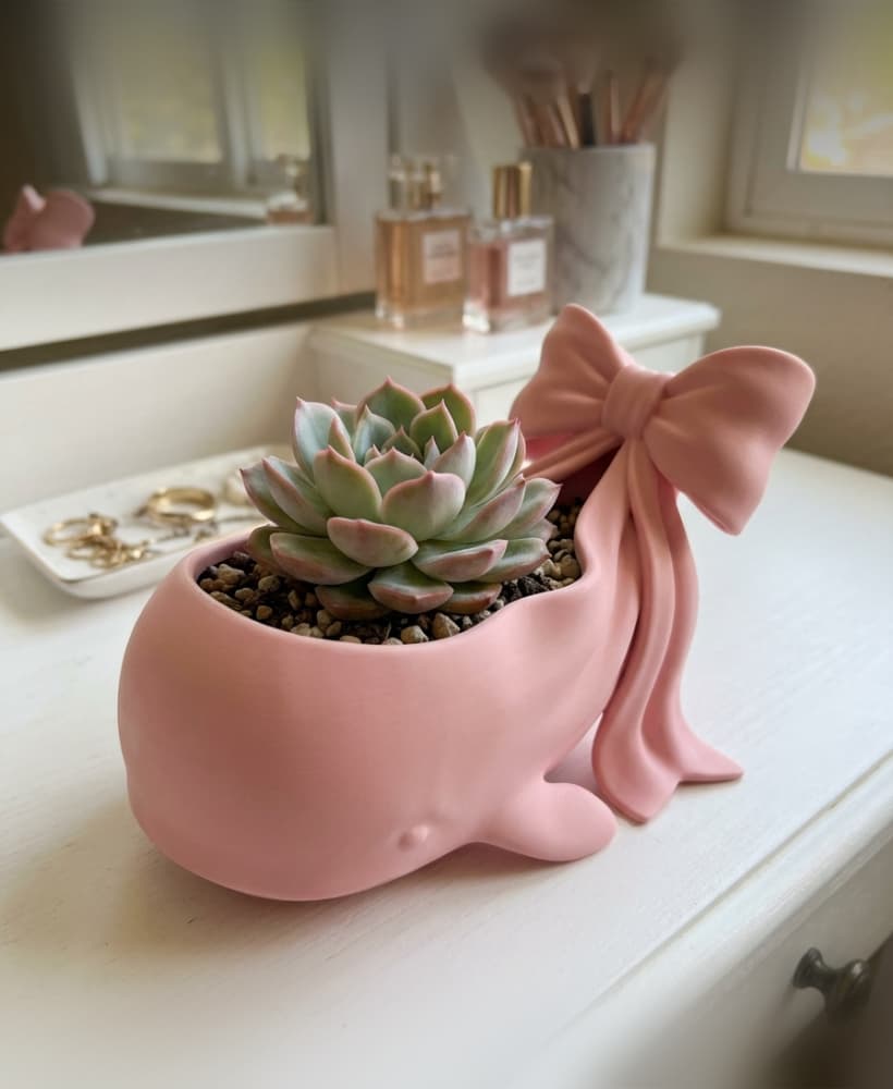 Coquette Whale Succulent Planter with Bow - Cute Kawaii Desk Accessory and Vanity Decor 3d model