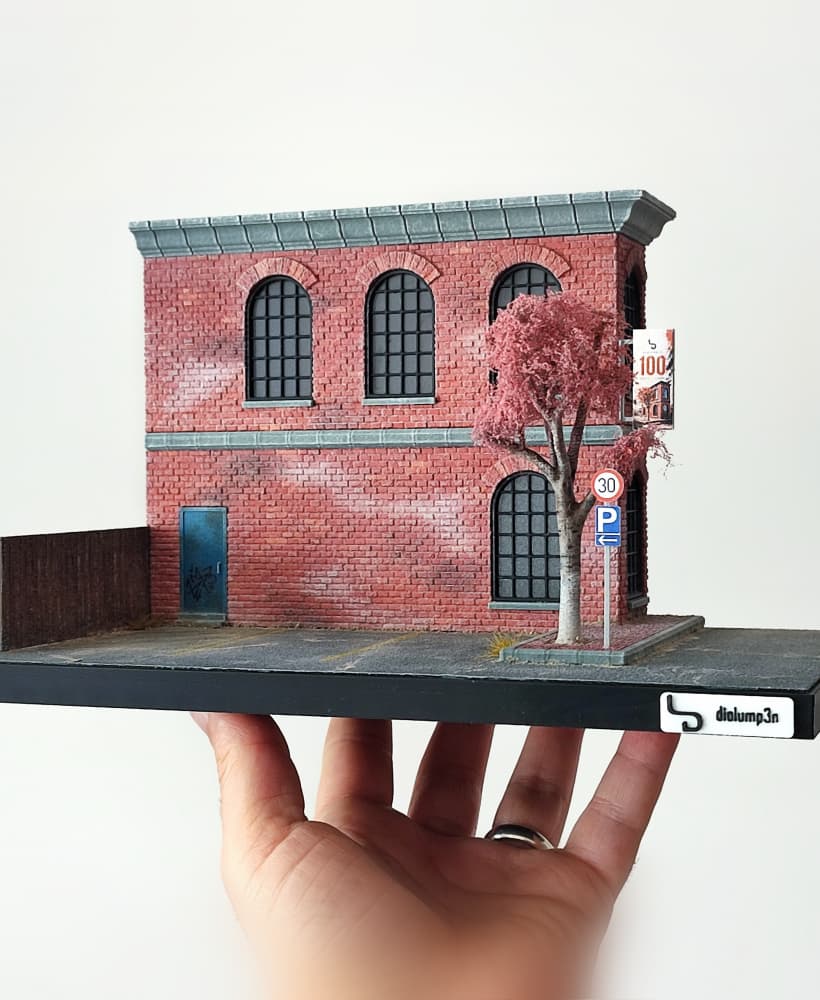 Two-Story Brick Building and Parking Diorama for Hot Wheels and 1:64 Scale Diecast Cars & Figure 3d model
