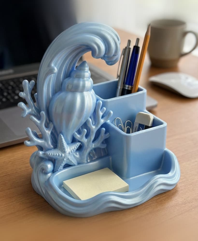 Ocean Crest Multi-Compartment Desk Organizer – Serene Wave & Seashell Stationery Station 3d model