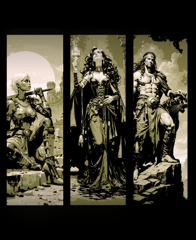 fantasy paintings of the heroes - sorceress, warrior and thief - set of bookmarks 3d model