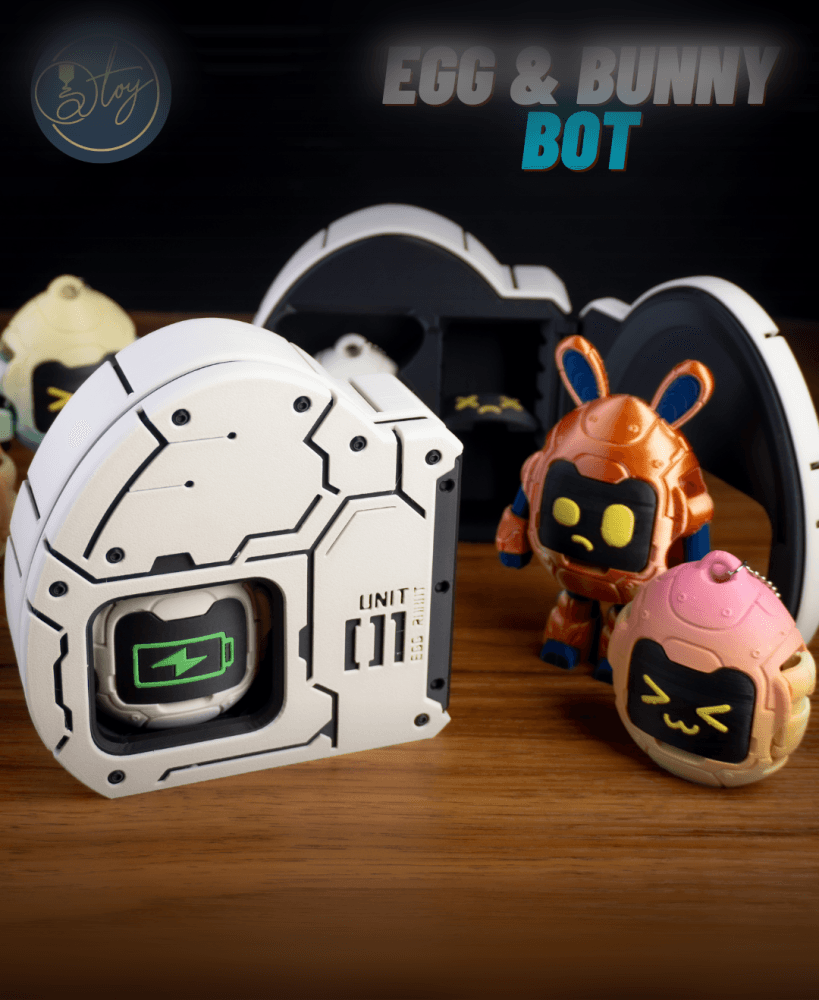 TRANSFORMING EGG-BOT & BUNNY-BOT WITH MODULAR STORAGE CASE 3d model