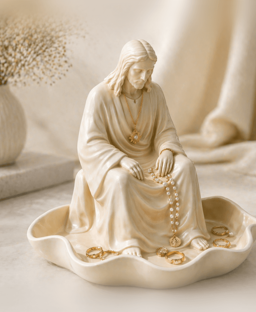 Jesus Jewelry Holder Statue STL | Rosary & Ring Dish Organizer | Christian Home Decor 3D Print File 3d model
