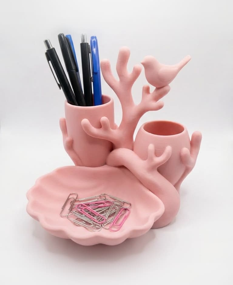Coastal Coral & Scallop Shell Desk Organizer - Sculptural Catchall with Bird Accent 3d model