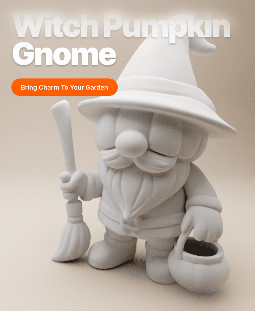 Witch Pumpkin Gnome – Halloween 3D Printable Figurine with Broom and Candy Bucket 3d model