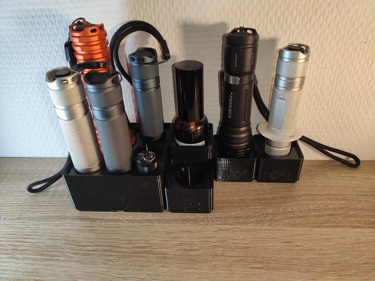 Gridfinity boxes for flashlights (CONVOY, ...), bottles, glue sticks, ... (parametric) 3d model