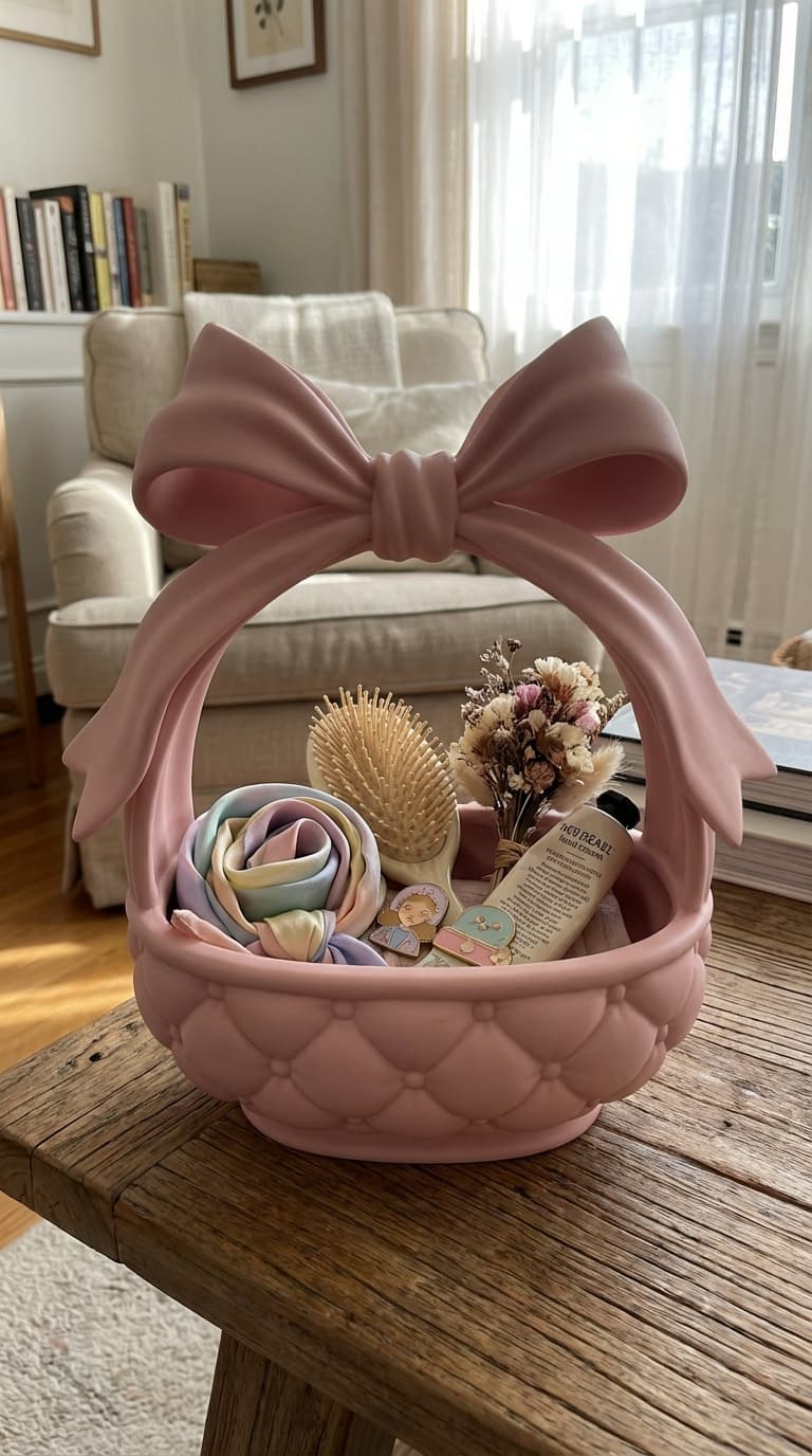 Quilted Bow Basket – Coquette Aesthetic Catchall & Decorative Organizer ...