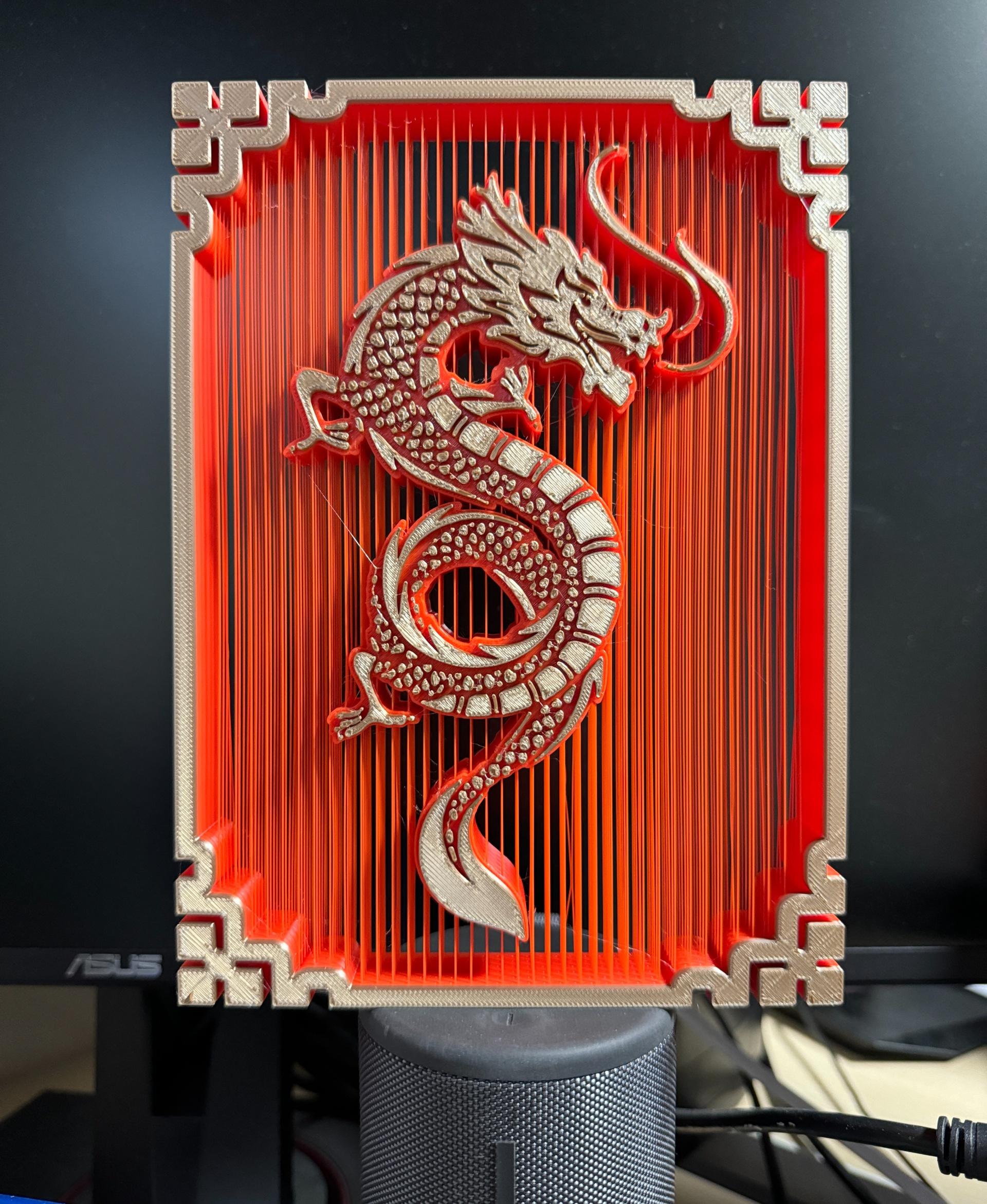 Dragon Suspended String Art - `Dragon Suspended.3mf` - Bambu P1S
Creality Red and TTyT3D Shine Chocolate Gold
 - 3d model