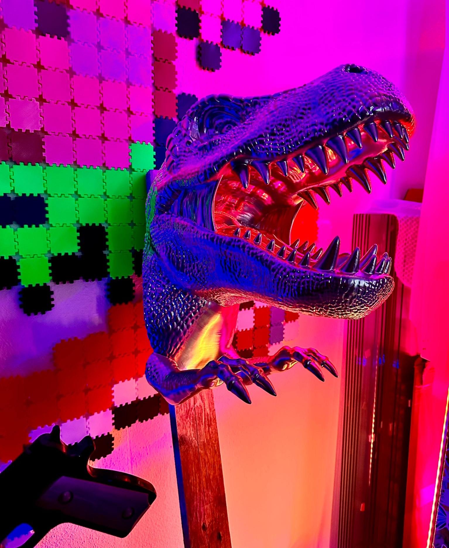 T-Rex Dinosaur Head Wall Mount Hanger / No Supports  - did another huge one with 170% scaling, fillered and painted it chrome and installed some color led lights. awesome light effects, I love it! Thanks again!! - 3d model
