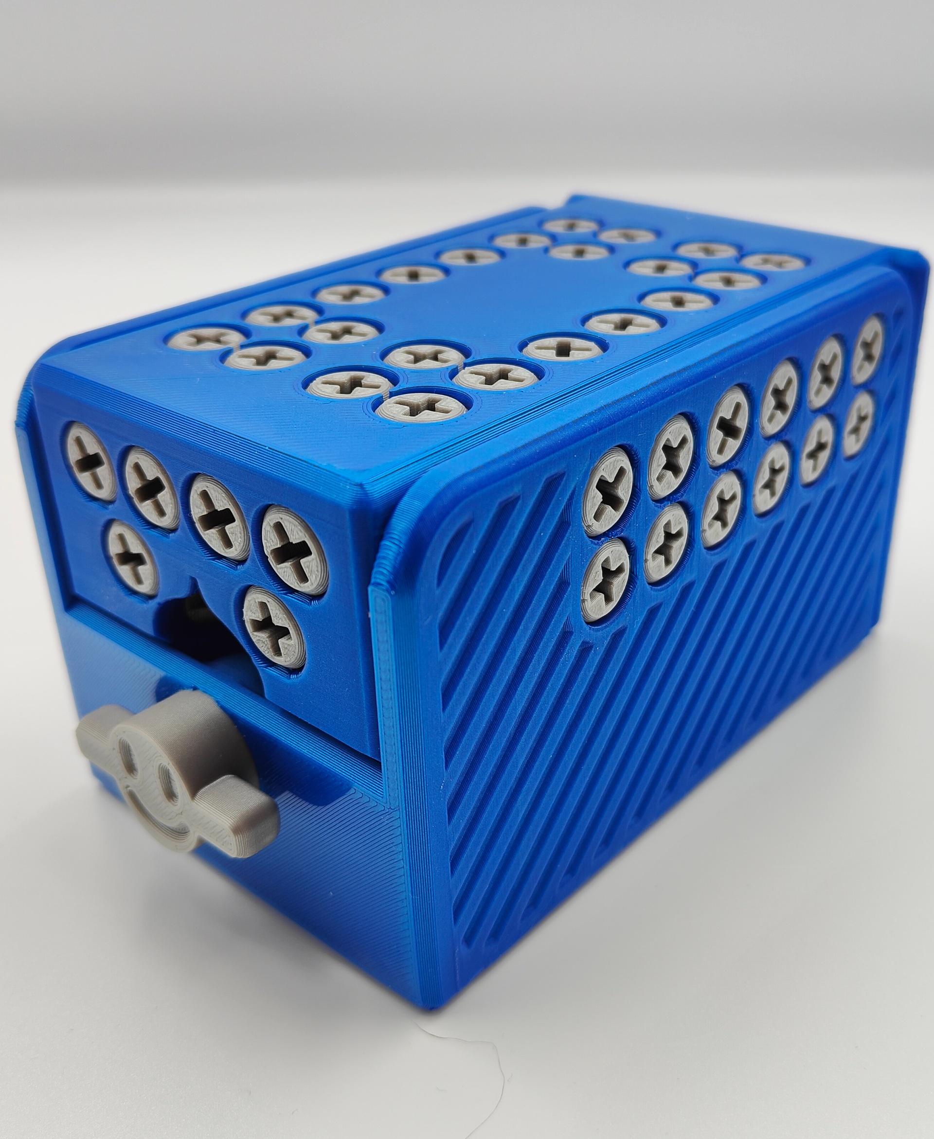 V2 MINI ANNOYING CARD/CASH BOX - "FULL SIZE MINI BOX" - 70 SCREWS, PRINT IN PLACE, ARTICULATING - Fillamentum Extrafill PLA Noble Blue & Metallic Grey - 3d model