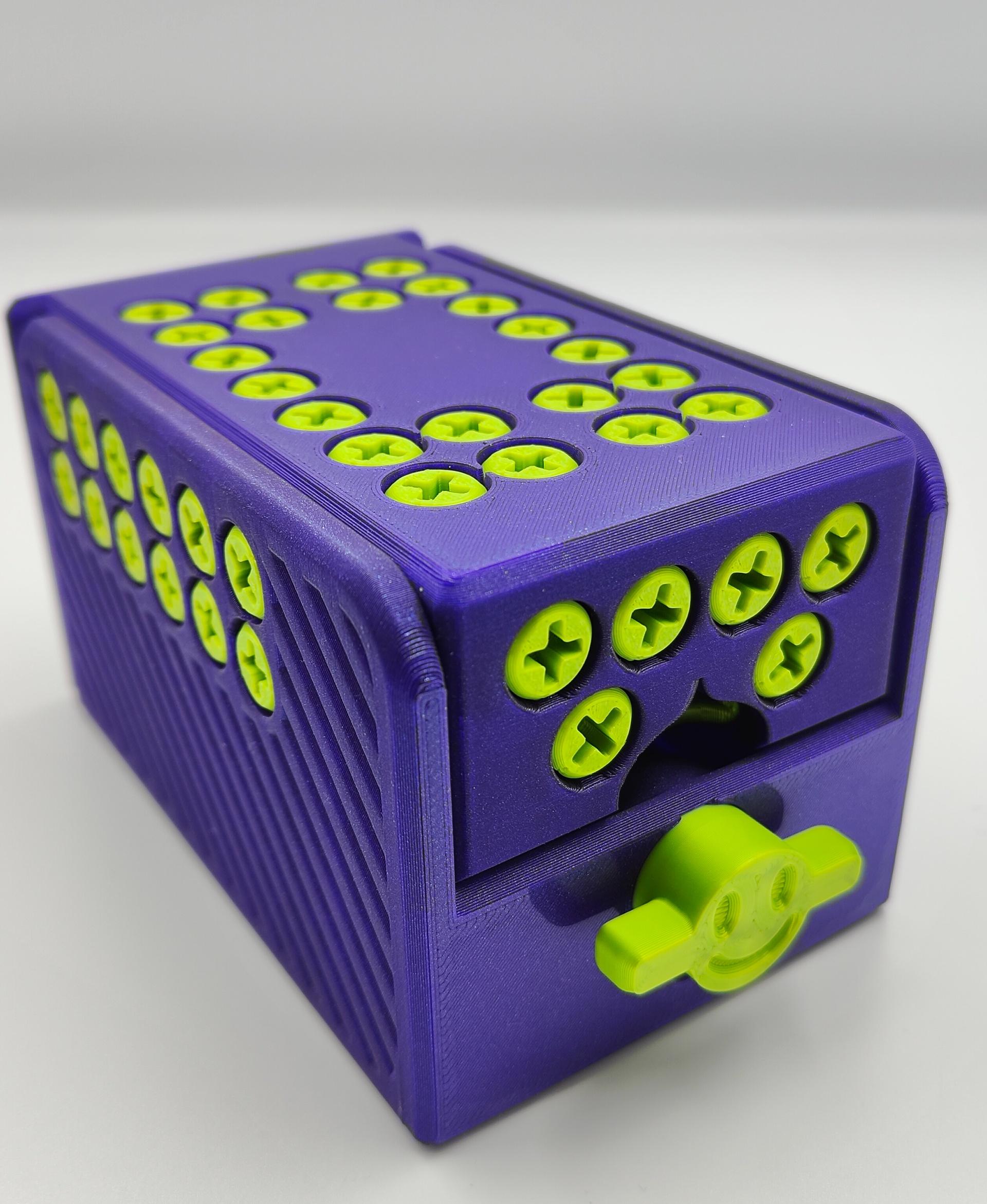 V2 MINI ANNOYING CARD/CASH BOX - "FULL SIZE MINI BOX" - 70 SCREWS, PRINT IN PLACE, ARTICULATING - Prusament PLA Galaxy Purple & Lime Green - 3d model