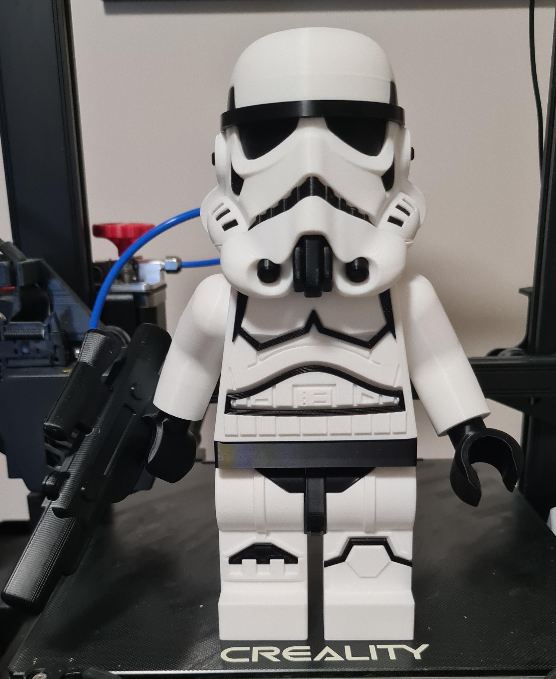 Stormtrooper (6:1 LEGO-inspired brick figure, NO MMU/AMS, NO supports, NO glue) - Printed with Polymaker PLA Pro White and black. I had to shrink teh cheek vents down to 99% to get them to insert properly. Ebverything else was file  - 3d model